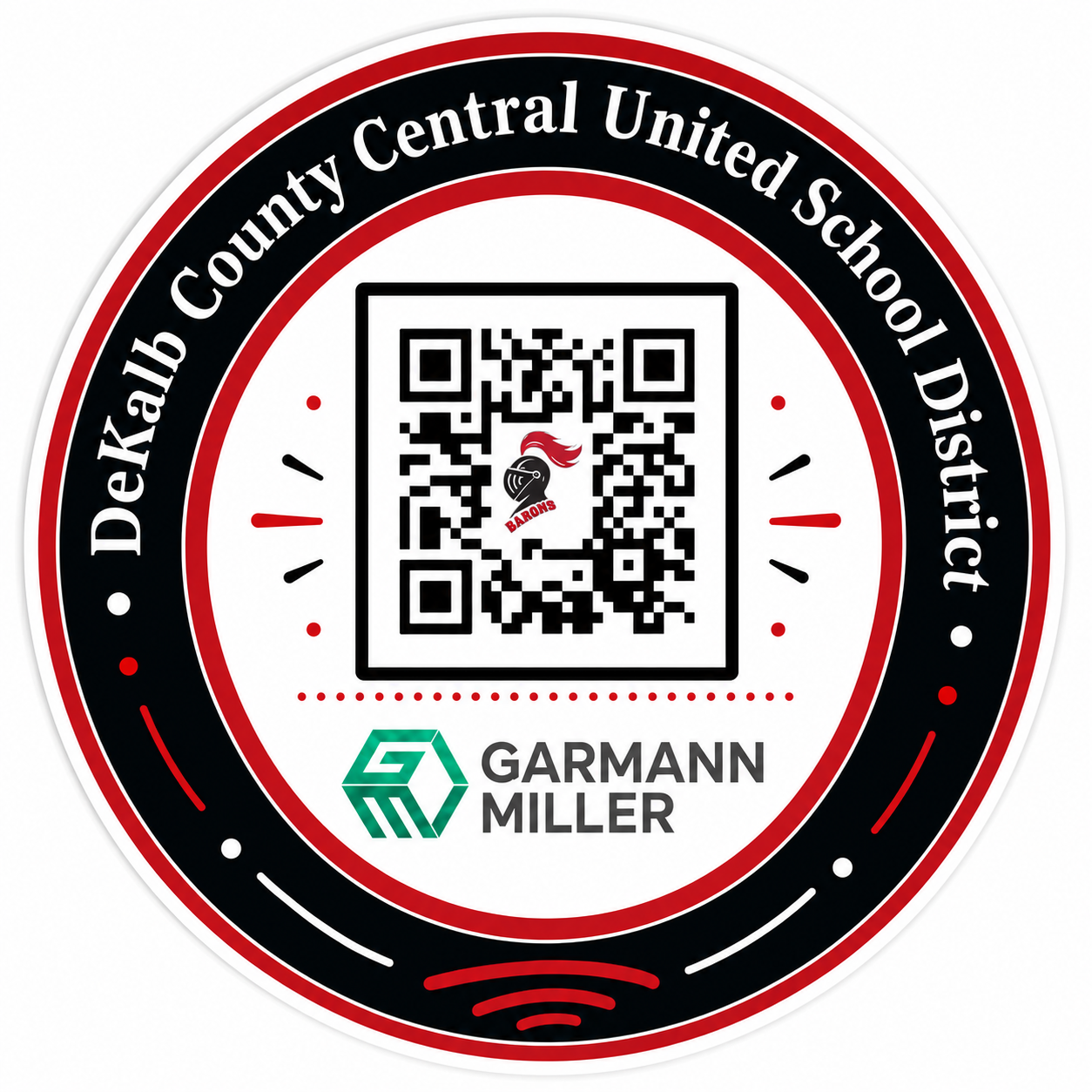 A round circular sticker features a QR code in the center and the text "DeKalb County Central United School District" and "GARMANN MILLER".